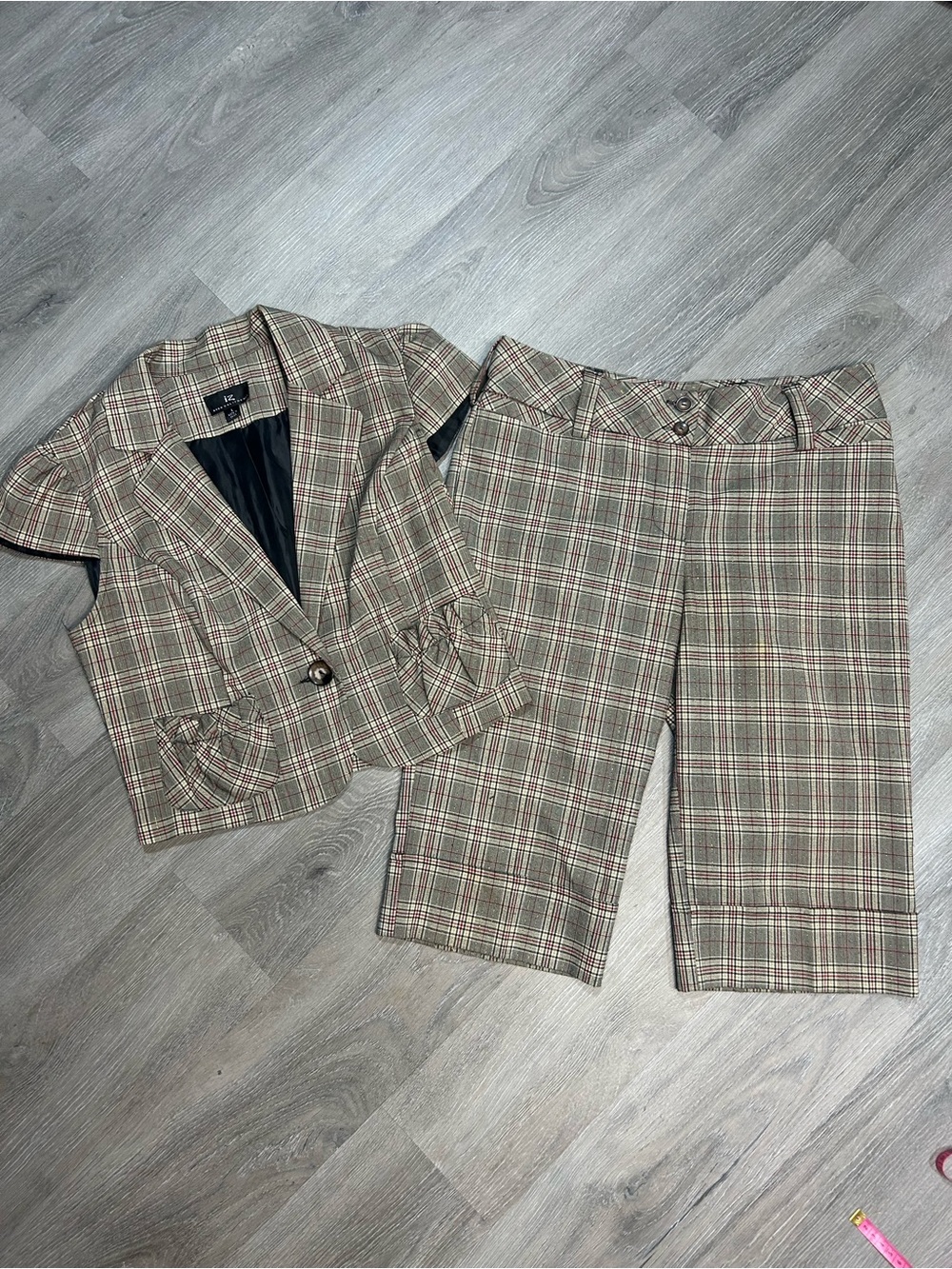 Vintage IZ BYER cropped sparkly plaid suit set Sz L top and Sz 7 bottoms